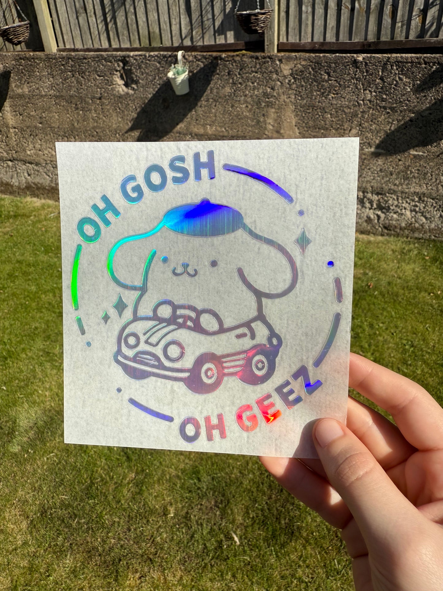 Pompompurin Car Sticker, Oh Gosh Oh Geez Vinyl Decal, Holographic Window Sticker